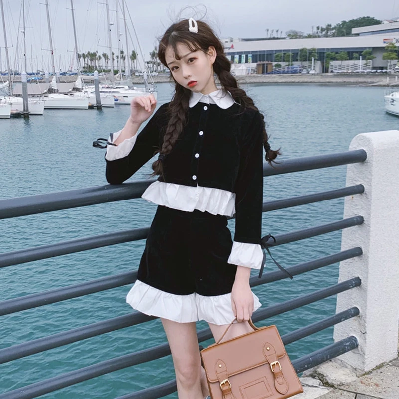 

Chic Two Piece Suit Spring Summer Korean Black White Splice Peter Pan Collar Ruffle Women's Sets Top+Pants Women Sets Clothes