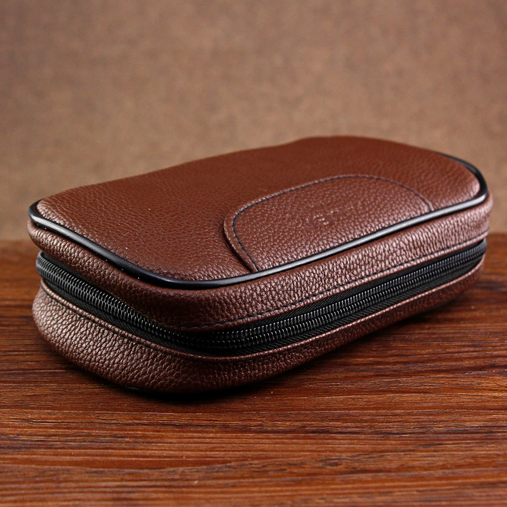 Brown Lichee Pattern Leather Bag for 2 pipes Classic Smoking Pouch