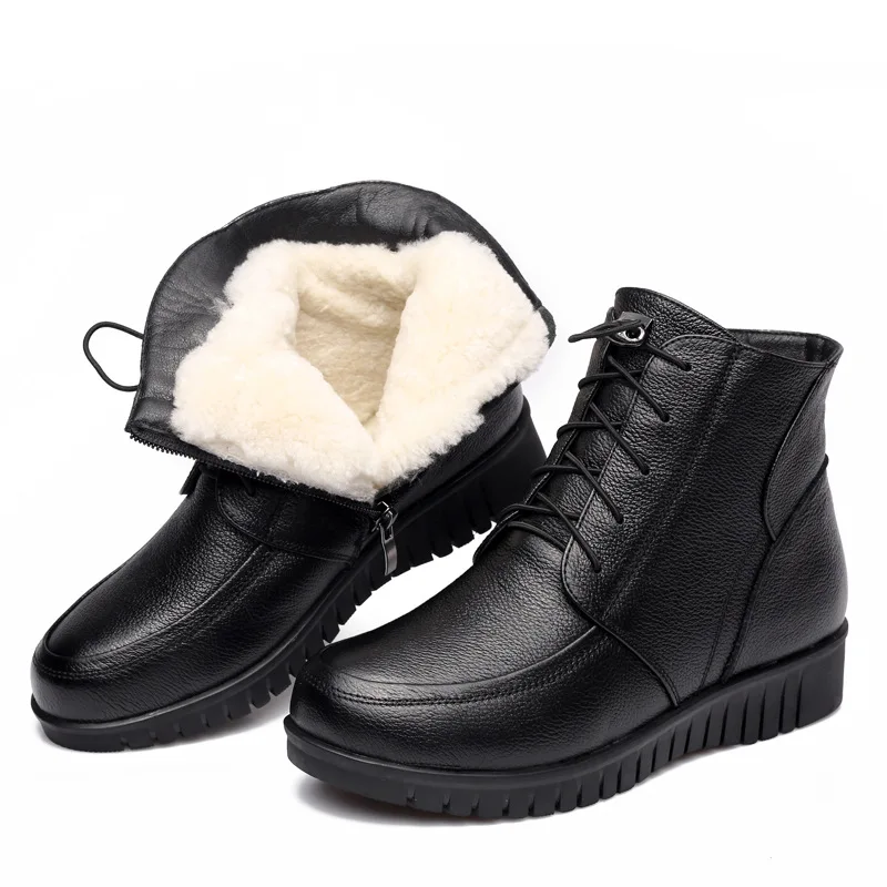 

41 Plus Big Size Wool Fur Genuine Leather Snow Boots Woman 2017 Winter New Plush Warm Winter Ankle Boots Mother Cotton Shoes Zip