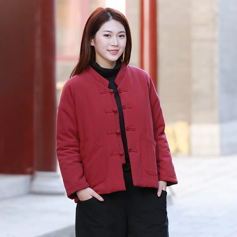 

Johnature 2019 Winter Vintage Warm V-Neck Chinese Style Plate Buckle Parkas Coats New Solid Color Cotton Linen Women Parkas