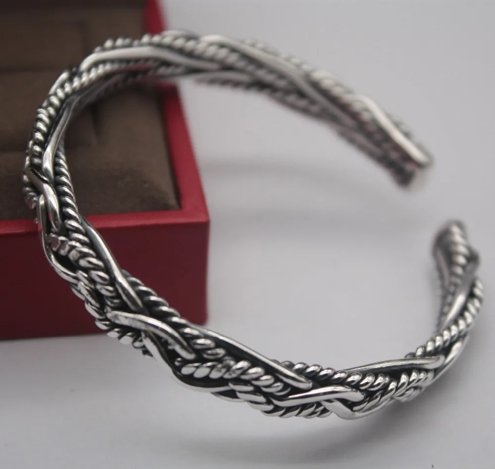 

Retro Real S925 Silver Bangle Woman Man's Rope Weaving Bangle 55-60mm Best Gift 8mmW Friend Gift Hot Sale