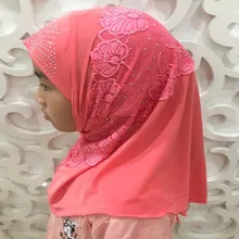 H1383 стиль Маленькая девочка хиджаб с кружевом и стразами повязка для волос для девочек шарф
