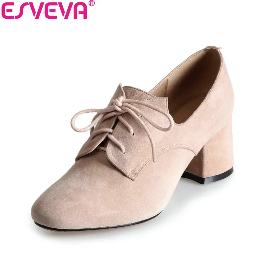 

ESVEVA 2018 Women Pumps Lace Up Shoes Kid Suede PU Fashion Square High Heels Elegant Black Square Toe Ladies Shoes Size 34-39