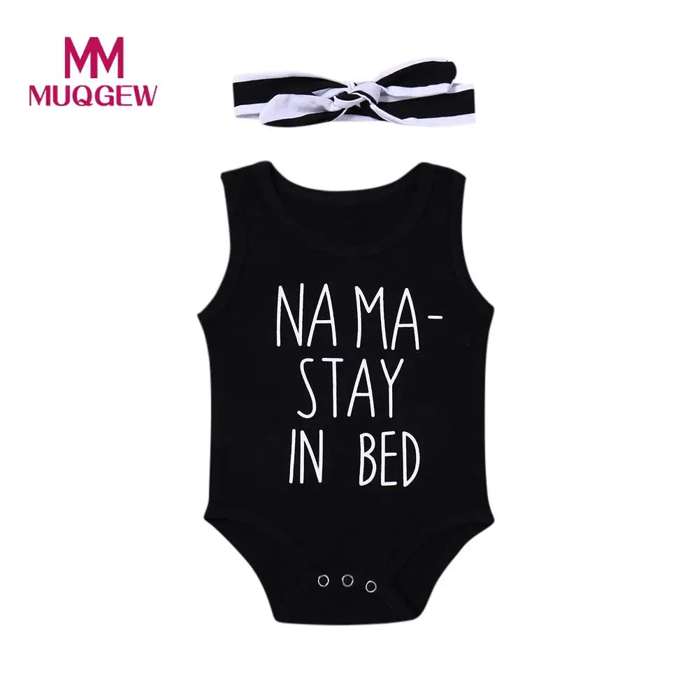 

2pcs Toddler Baby Boys Gilrs Romper Letter Print Rompers + Headband Sleeveless Jumpsuit Outfits Baby Clothes