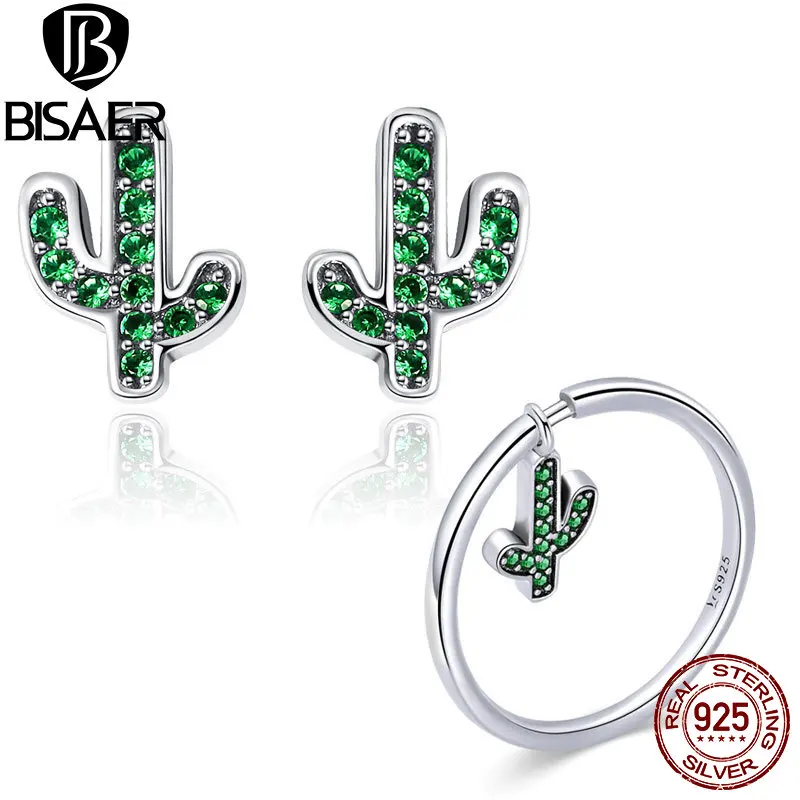 

BISAER 925 Sterling Silver Jewelry Sets Fresh Strong Cactus Ring & Stud Earrings for Women Green CZ Sterling Silver 925 Jewelry