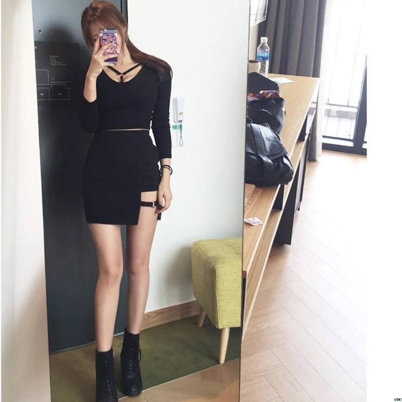Корейский стиль черная посылка хип юбка в клетку с бантом зазор неровный подол карандаш Микро Мини юбка