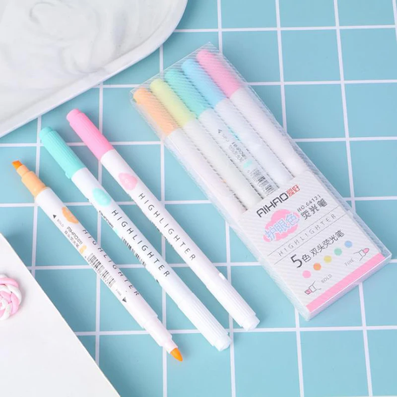 

5 Pcs/pack Kawaii 5 Colors Double Head Highlighter Pens Colorful Art Markers Fluorescent Pens Drawing Sketch Tools Stationery