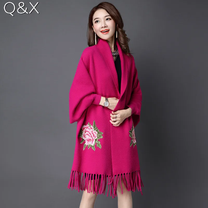 

SC68 Women Fake Cashmere Long Sleeves Poncho Cardigan Bridal Wedding Shawl Cape 2018 Winter Lady Embroidered Vest Floral Coat