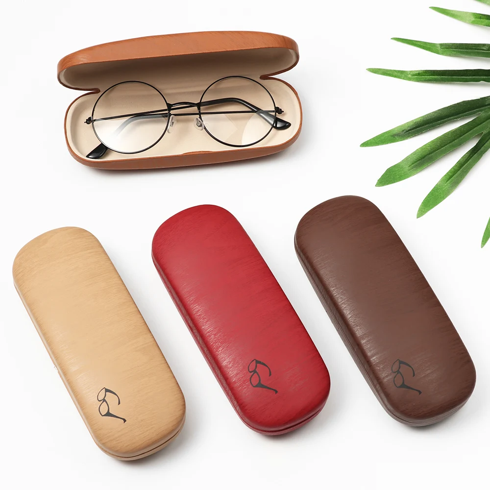 

1PC Unisex Fashion Eyeglass Box Wood Grain Hard Kit Holder Metal Reading Glasses Case Men Women PU Leather Eyeglass Box