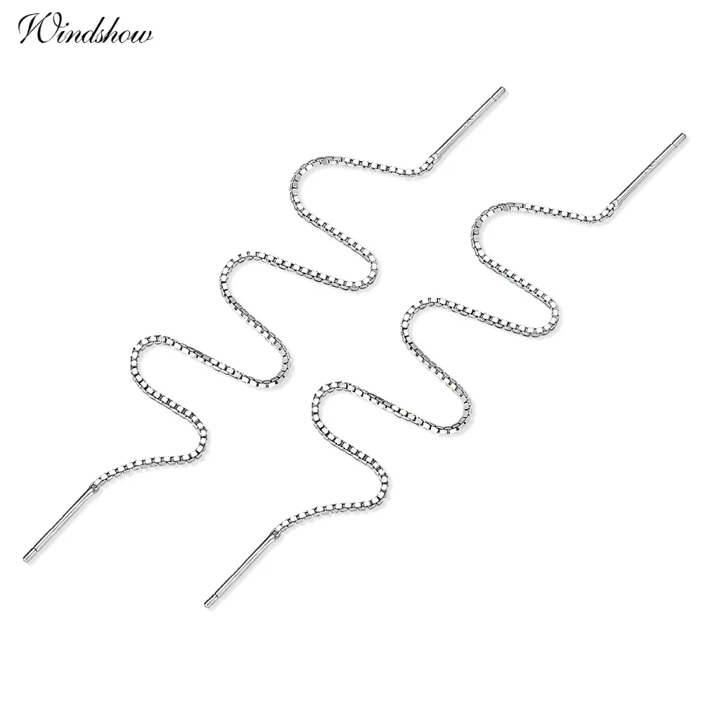 

925 Sterling Silver Theader Through Box Chain Drop Dangle Long Earrings For Women Girls Aros Party Jewelry boucles d'oreilles