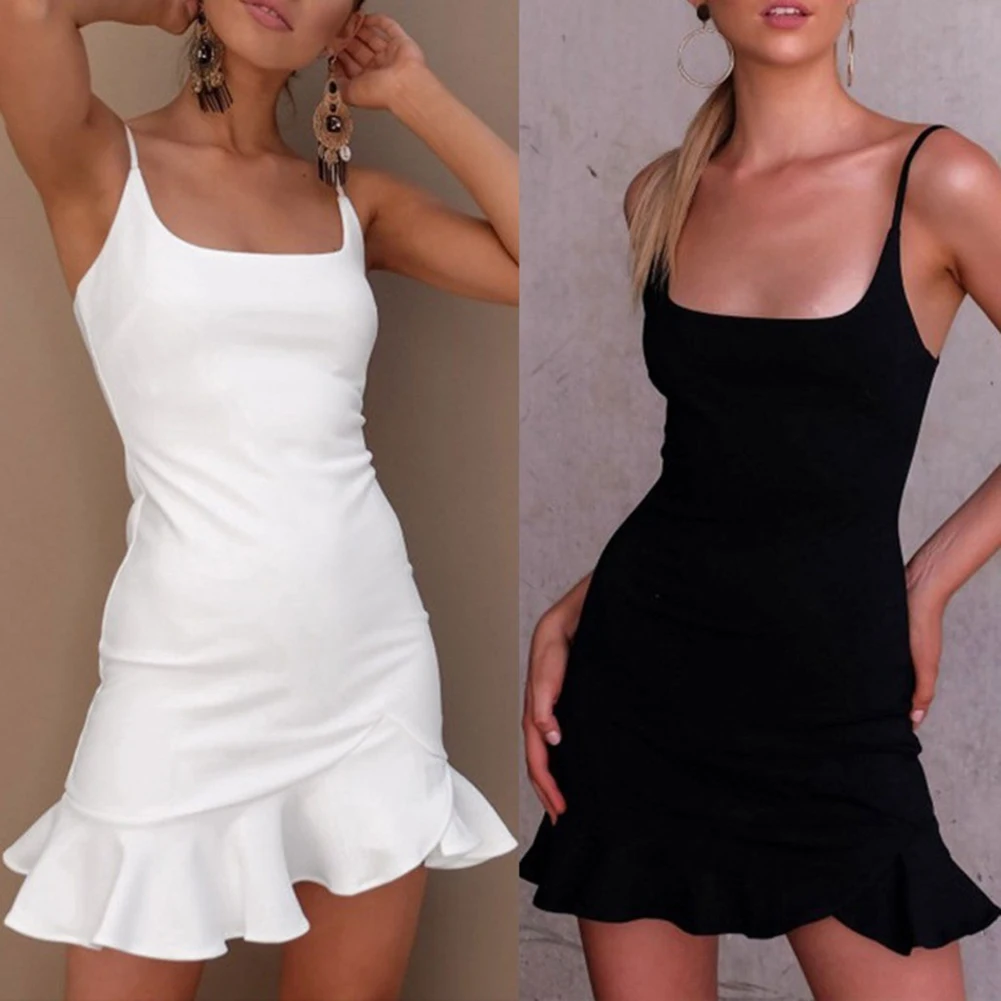 

Women's Fashion Dress 2019 Sexy Backless Strappy Sling Dress Solid Color Summer Bodycon Sleeveless Mini Black Dresses White/Red