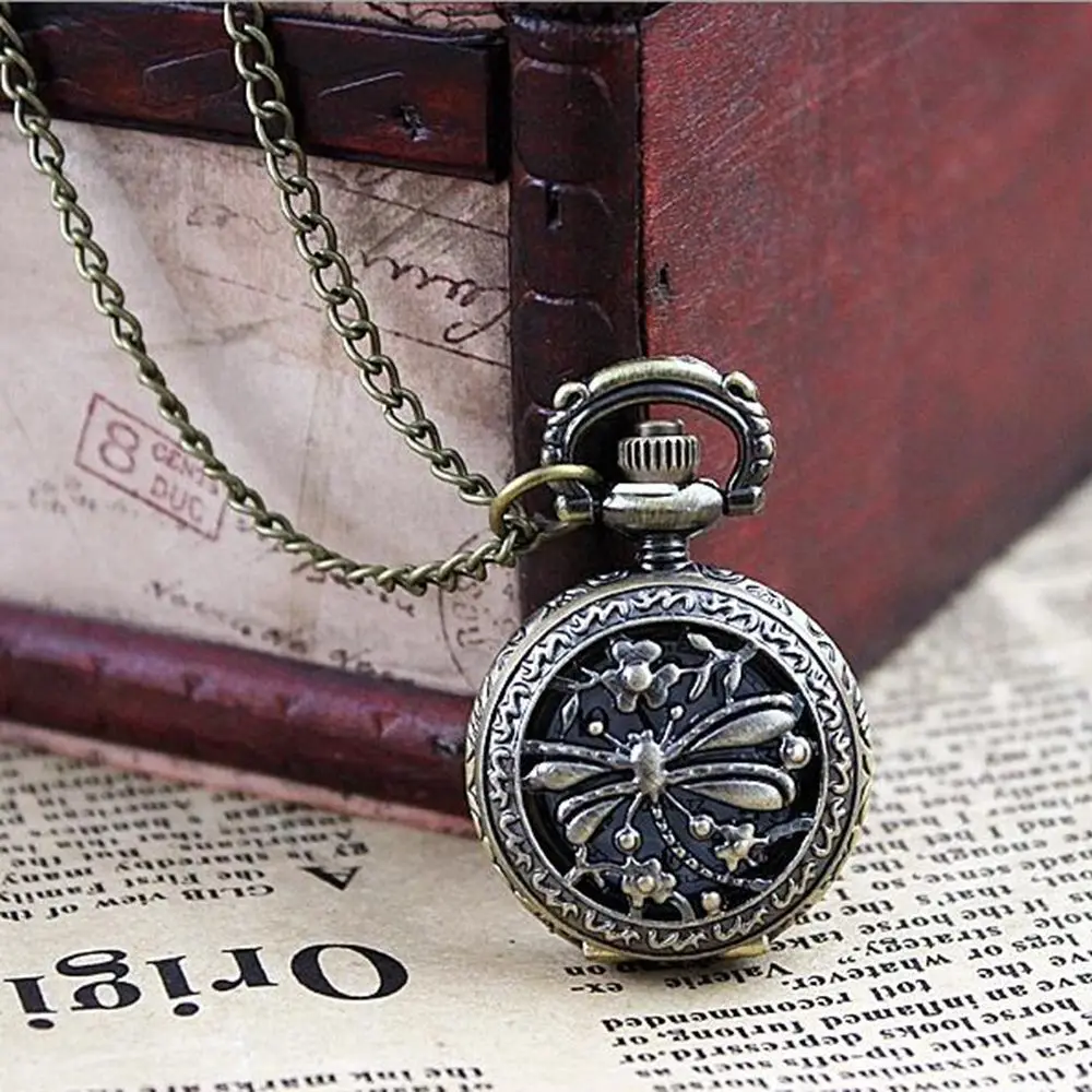 

1pcs Vintage Jewelry Fashion Delicate Hollow out Dragonfly floral Generous Alloy Necklace Pocket Watch pendant watch