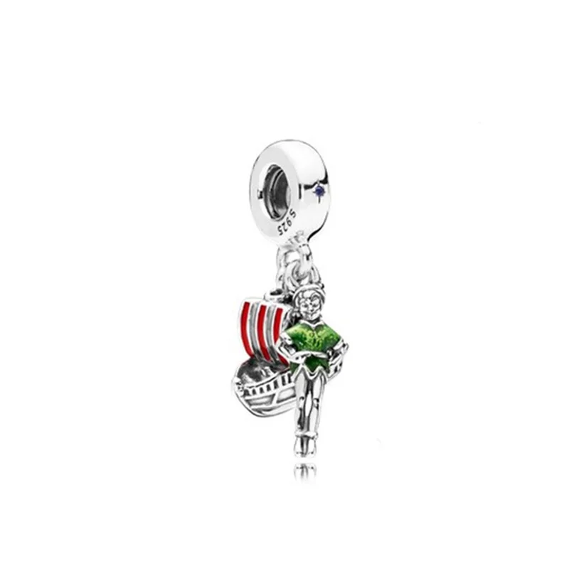 

100% 925 Sterling Silver Peter Pan Silver Dangle With Green Enamel Fit DIY Original Fashion Charm Jewelry Girl Gift