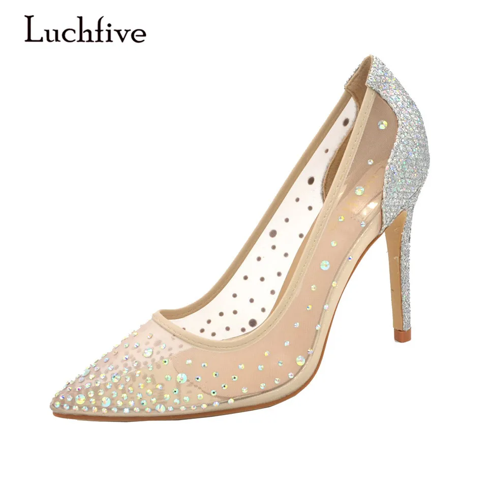 

Luchfive silver bling Sexy Women High Heels Pumps Nude Transparent Crystal Brand Women Wedding Shoes sequin Zapatos mujer