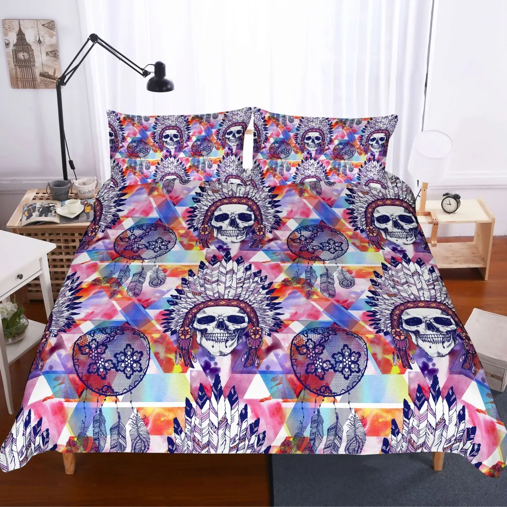 Skull Indian Feather Bedding Set Duvet Cover Pillowcases Qh91