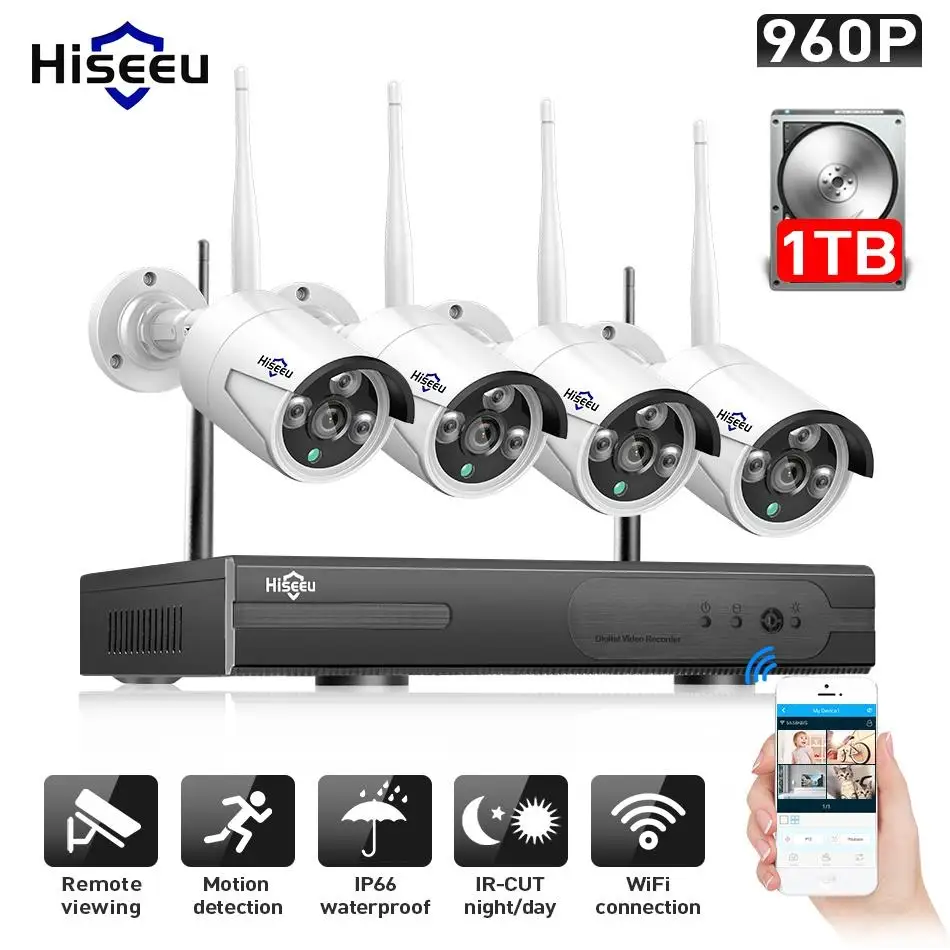 Hiseeu 960P NVR 4 шт 960P беспроводная система видеонаблюдения уличная ip-камера wifi Водонепроницаемая система видеонаблюдения CCTV комплект IP Pro