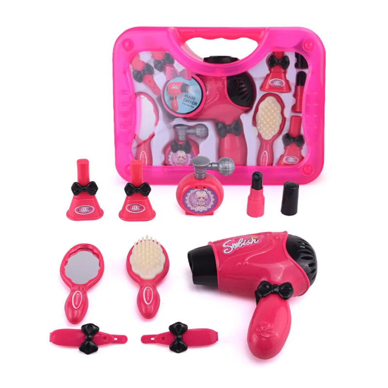 Для девочек Красота косметический игрушки комплект Пластик Макияж игрушка притворяться, играть фен тени для век набор кистей игрушки для