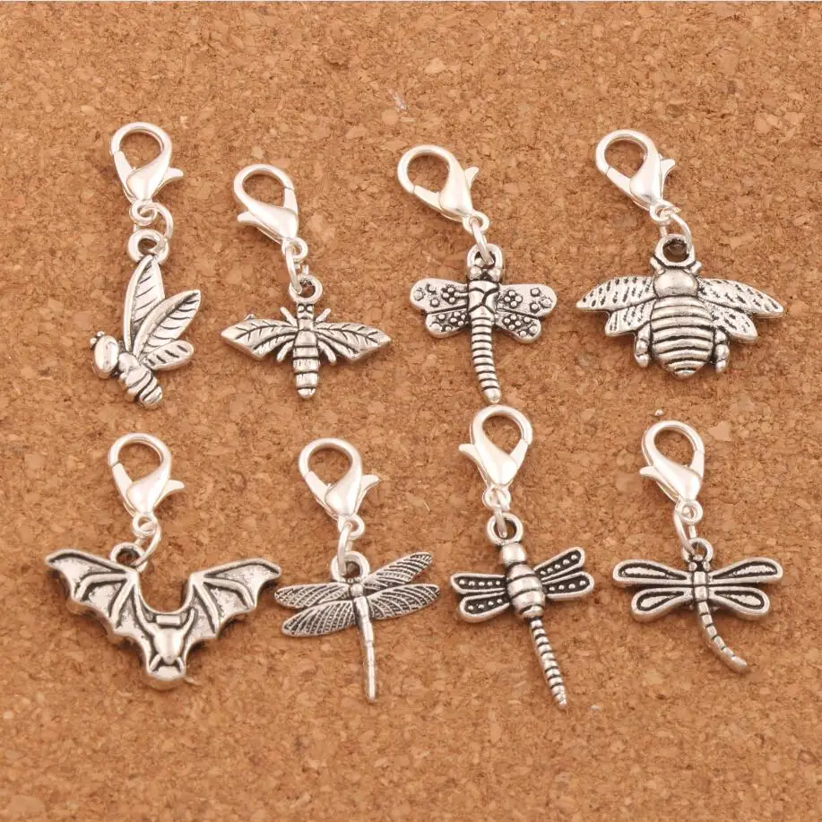 

Dragonfly Bee Insect Clasp European Lobster Trigger Clip On Charm Beads CM19 8pcs mixed Antique silver