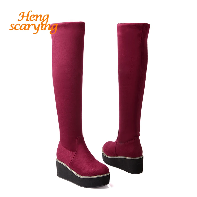 

2018 Women Over The Knee Boots Winter Autumn Short Plush Solid Long Boots Female Platform Wedges Faux Suede Plus Size 43 Shoes