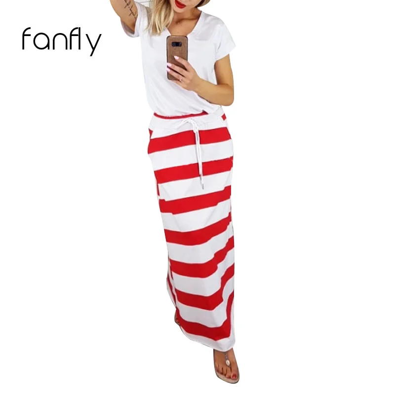 red and white striped maxi skirt