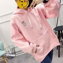 2019 Women Hoodie Hoody Sweatshirts Drawstring Pockets Pullove with Rabbit Ears Sweatshirt Lady Hooded Loose Top Blue/Pink/White black and white colour matching drawstring hooded hoodie