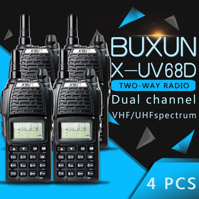 (4 шт.) KSUN UV68D Ham двухстороннее радио Walkie Talkie двухдиапазонный трансивер UHF/VHF двойной частоты BUXUN X-68D (черный)