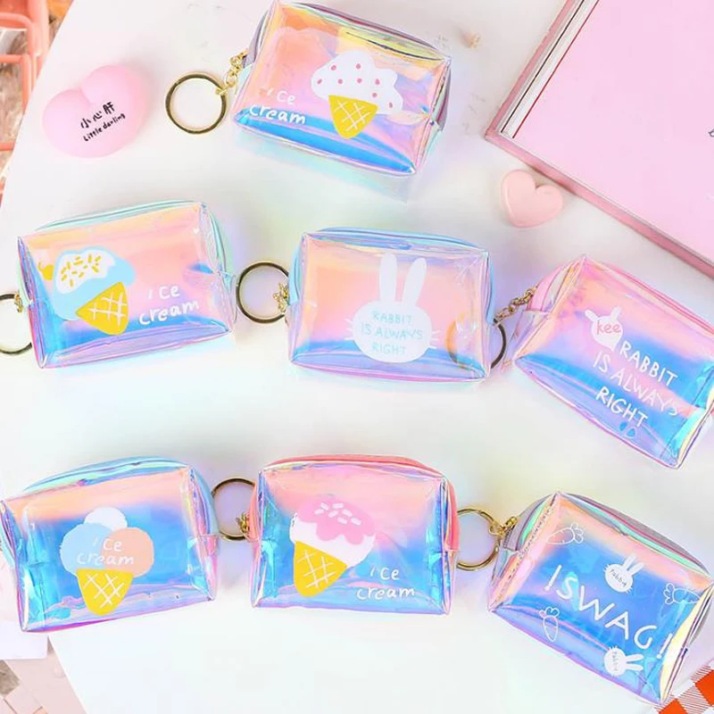 

1 Pcs Kawaii Mini Square Ice Cream Rabbit Laser Women Colorful Coin Purse Makeup Bags Keychains Korean Stationery Card Holders