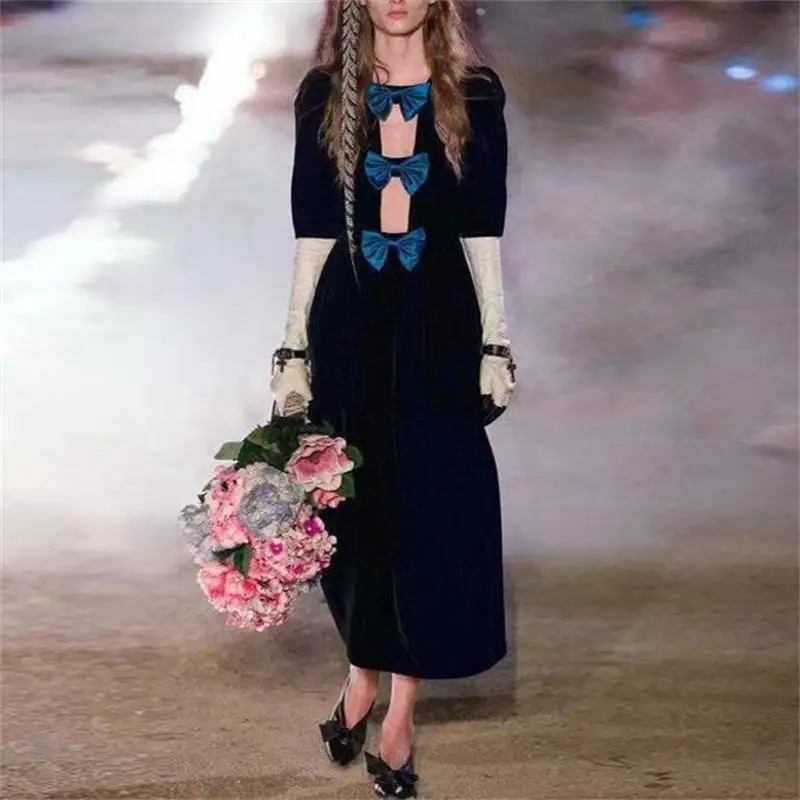 

Women Dress 2019 High Quality Spring Designer Runway Three Quarter Sleeve Bow Velvet Elegant Party Dresses NP0083