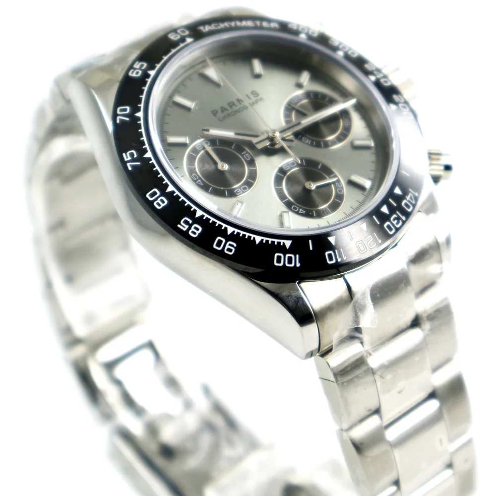 39 мм PARNIS серый циферблат сапфировое стекло сплошной полный хронограф кварцевые мужские часы Роскошные пилот сапфировое стекло наручные часы для мужчин