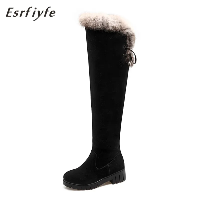 

ESRFIYFE 2020 New Winter Flock Women Thigh High Boots Thick Heels Round Toe Platform Warm Plush Snow Boots Skidproof Shoe Sole