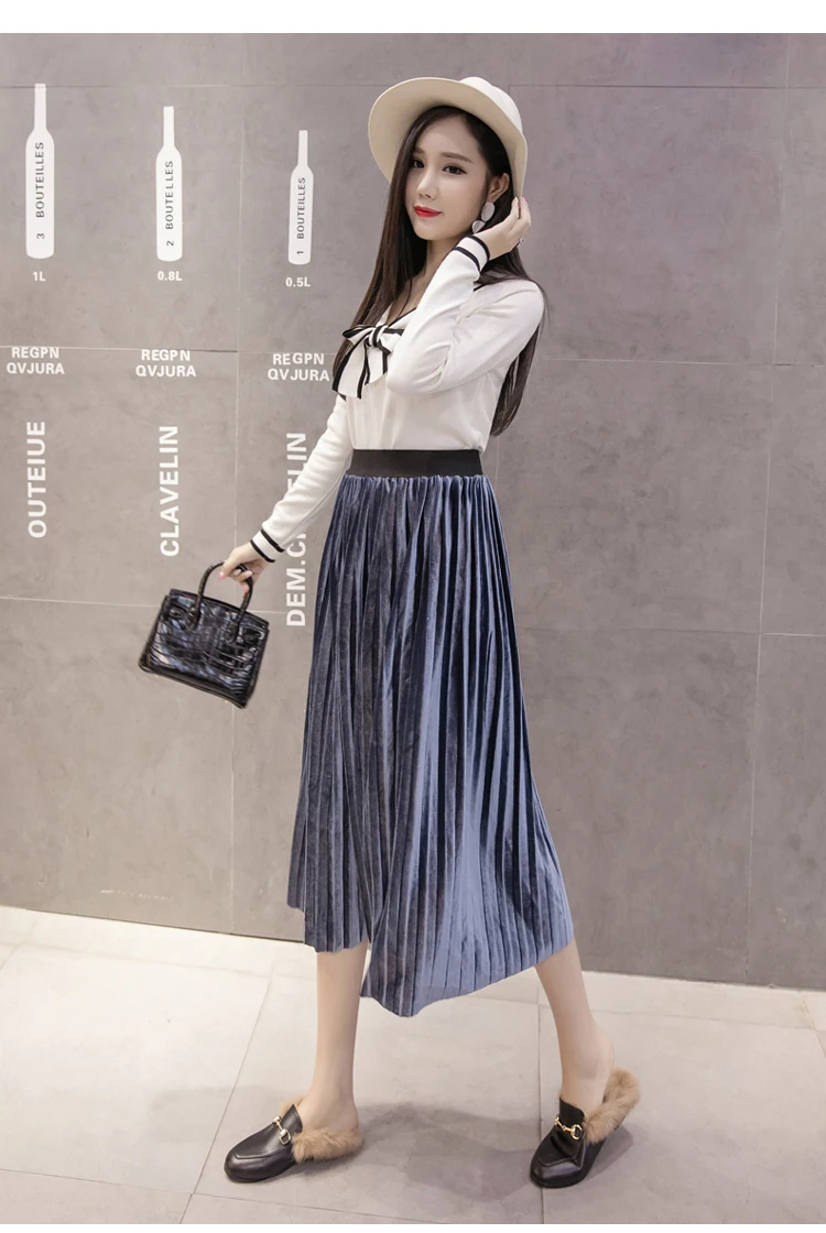 pleated midi skirt New 2019 Autumn Winter Elastic High Waist Skirt Solid Casual Pleated Skirts Womens Striped Jupe Femme Velvet Saias Midi Skirt cute skirts