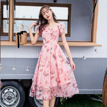 

Summer Floral Print Chiffon long Dress petal sleeves Elegant longos Vestidos V neck cultivating Casual Bohemian beach dress 4XL