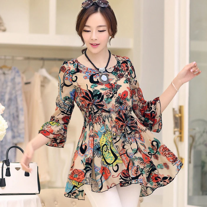 

Fashion Women Floral Boho Flare Sleeve Asymmetric Shirt Chiffon Top Blouse Plus Size 3/4 Sleeve OL C13