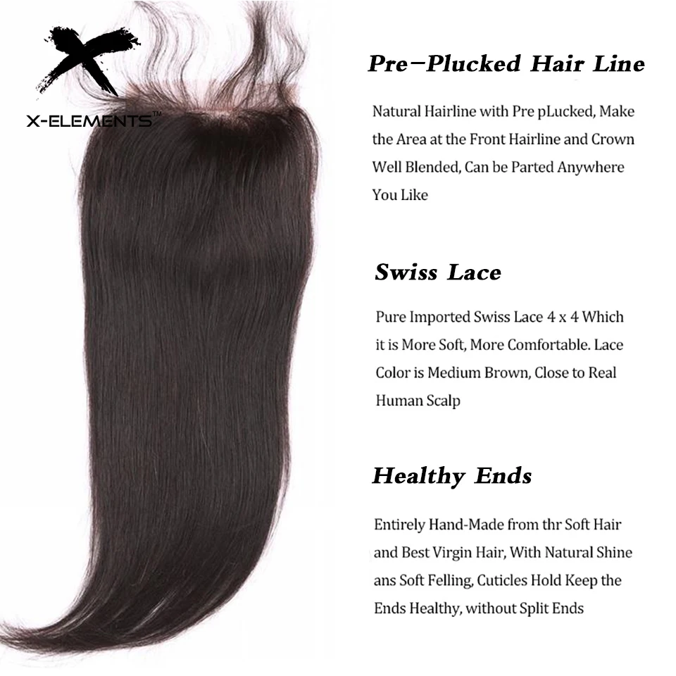 X-Elements Peruvian Straight Lace Closure Natural Color Human Hair Weaves Non Remy Hair 4x4 Free Middle Three Part Lace Closure (12)
