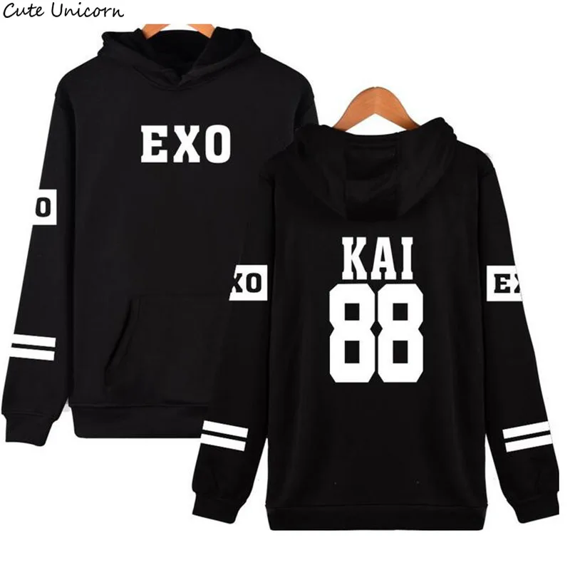 Женская толстовка с капюшоном черная хлопковая длинным рукавом KAI CHANYEOL D.O.