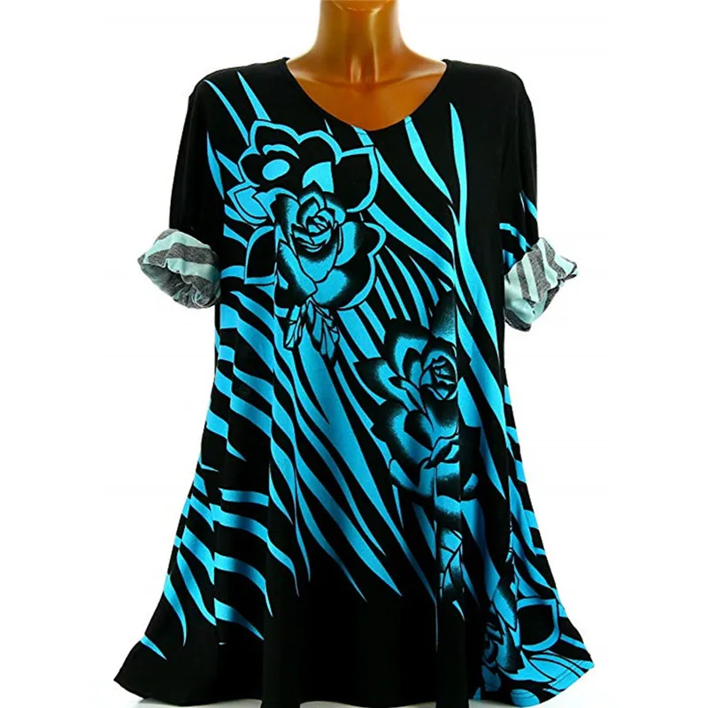 

Summer Women Long Sleeve Printed Round Collar Loose Plus size T-shirt