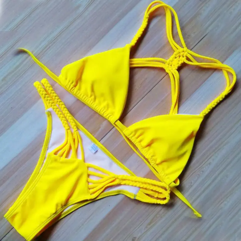 

New Yellow Solid Women Braids Bikini Set Low Waist Cut Out Triangle Swimsuit Bottom Racerback Brazilian Swimwear Beachwear