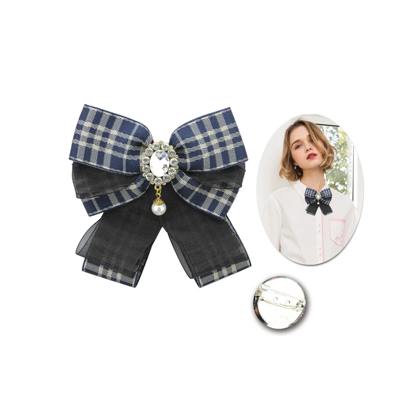 

4 Colors Trendy Ribbon Broche Pearl Pendant Water Drop Rhinestone Inlay 12*11CM Plaid Yarn Fabric Party Women Girl Bow Brooches