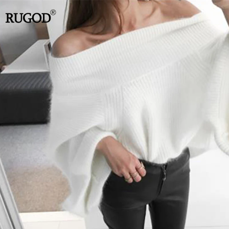 

RUGOD 2019 New Arrivals Sexy Loose Slash Neck Simple Women Flare Sleeve Pullover Off-the-shoulder Mink Cashmere Female Sweater