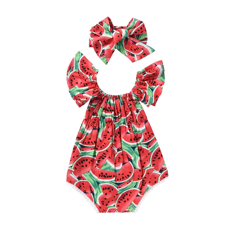 Новая летняя детская одежда для маленьких девочек комбинезоны наряд с принтом в виде арбуза, Детский комбинезон с повязкой-бантом, комплект одежды из хлопка