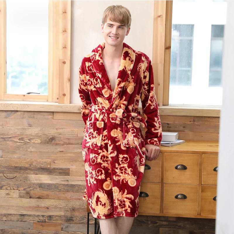 Mens Print Bath Robes Kneen Length Thick Bathrobes Long Sleeve Men