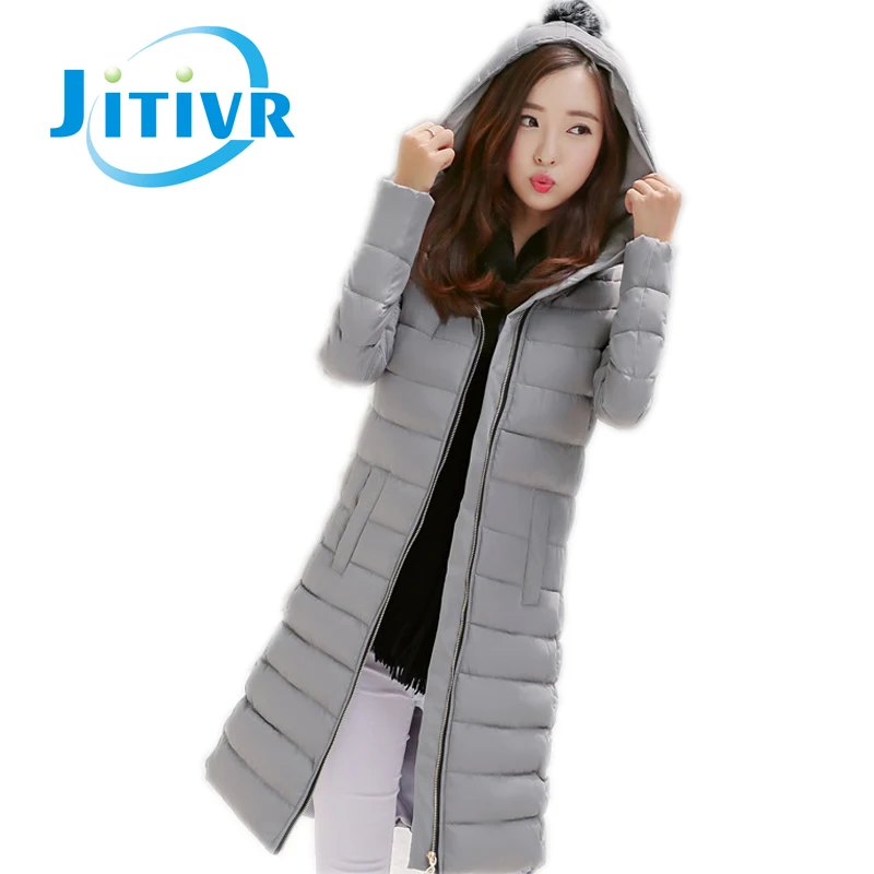 

Jitivr Newest 2016 Hot Sale Elegant Women's Fashion Cotton Padded Girl Hooded Coat Feminine Slim Long Warm Solid Jacket Winter