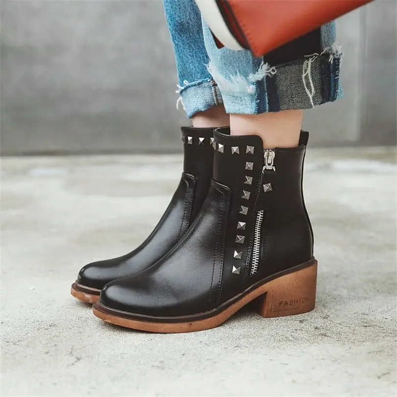 

NAYIDUYUN US4-US10.5 Women Slip On Chunky High Heels Party Pumps Shoes Round Toe Rivets Office Ankle Boots Casual Shoes 2018
