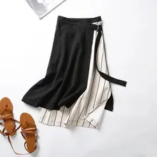 Новинка, летняя черная Полосатая юбка с завышенной талией и неровным подолом, женская модная Юбка До Колена