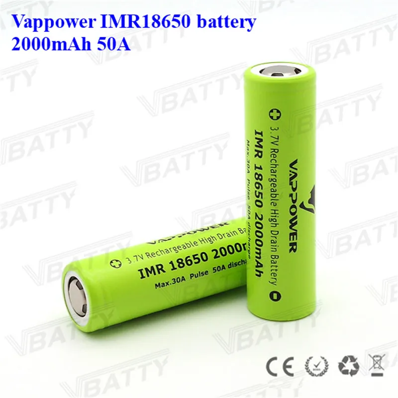 2000mAh 3,7 V Li-Ion Vappower IMR18650 Перезаряжаемый 18650 2000mAh 50A мощный аккумулятор для фонарика камеры