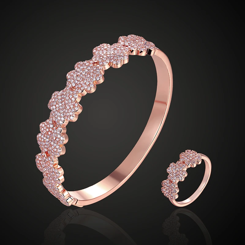 

Lanyika Jewelry Set Student Exquisite Flower Shape Full Zircon Micro Paved Bangle with Ring for Daily Party Trendy Best Gifts