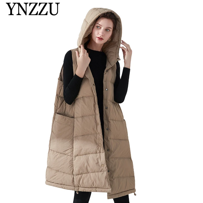 YNZZU зимнее длинное женское пуховое пальто без рукавов негабаритный однотонный жилет с капюшоном 90% белый утиный пух Верхняя одежда Куртка YO878