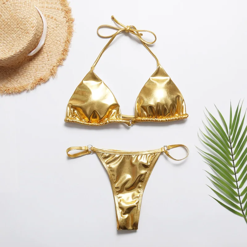 

2019 Summer Sexy Women Gold Micro Triangle Bikini Sets Women Bright Bronzing Lace Up Swimsuits Beach Bathing Suits Thong Bikini