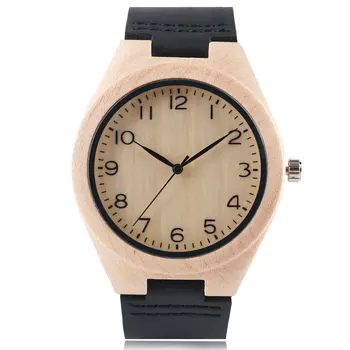 

Casual Hand-made Men Ladies Quartz Wooden Watch Number Dial Black Genuine Leather Watchband Fashion Wood Clock Gift for Male