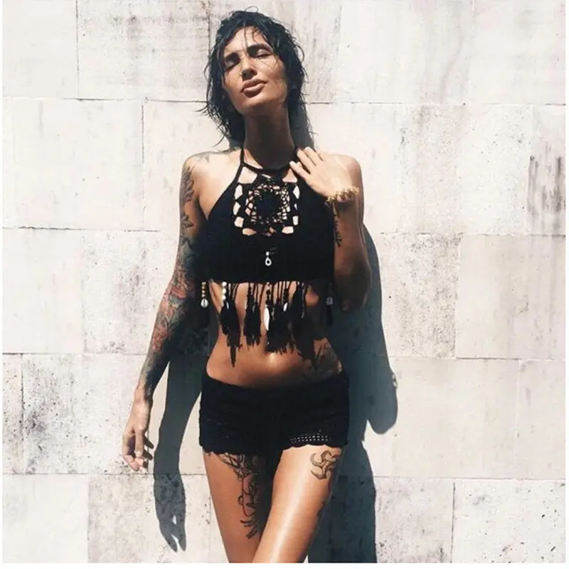 

Women Handmade Crochet Lace Knit Bra Beach Bikini Halter Cami Tank Crop Top Swimsuit Black Hollow Out Swimwear Swimming Suit
